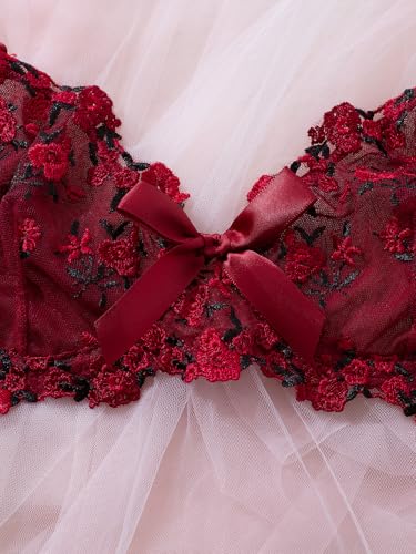 Image of Sexy Floral Embroidered Flower Mesh Underwire Push Up Lingerie Set