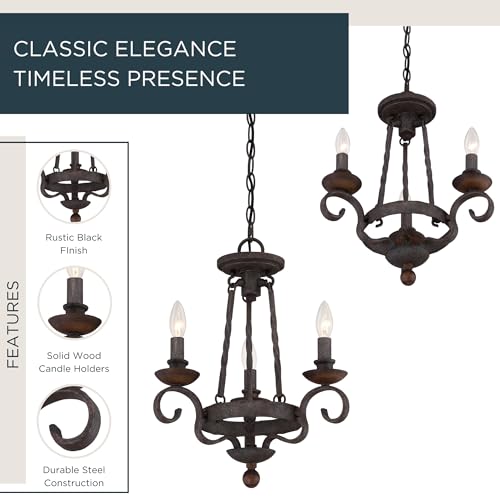 Image of Quoizel Noble 15.5 inch Candle-Style Chandelier, 3-Light, Rustic Black | Solid Wood Accents, European Style, Adjustable Height Up To 74 inch