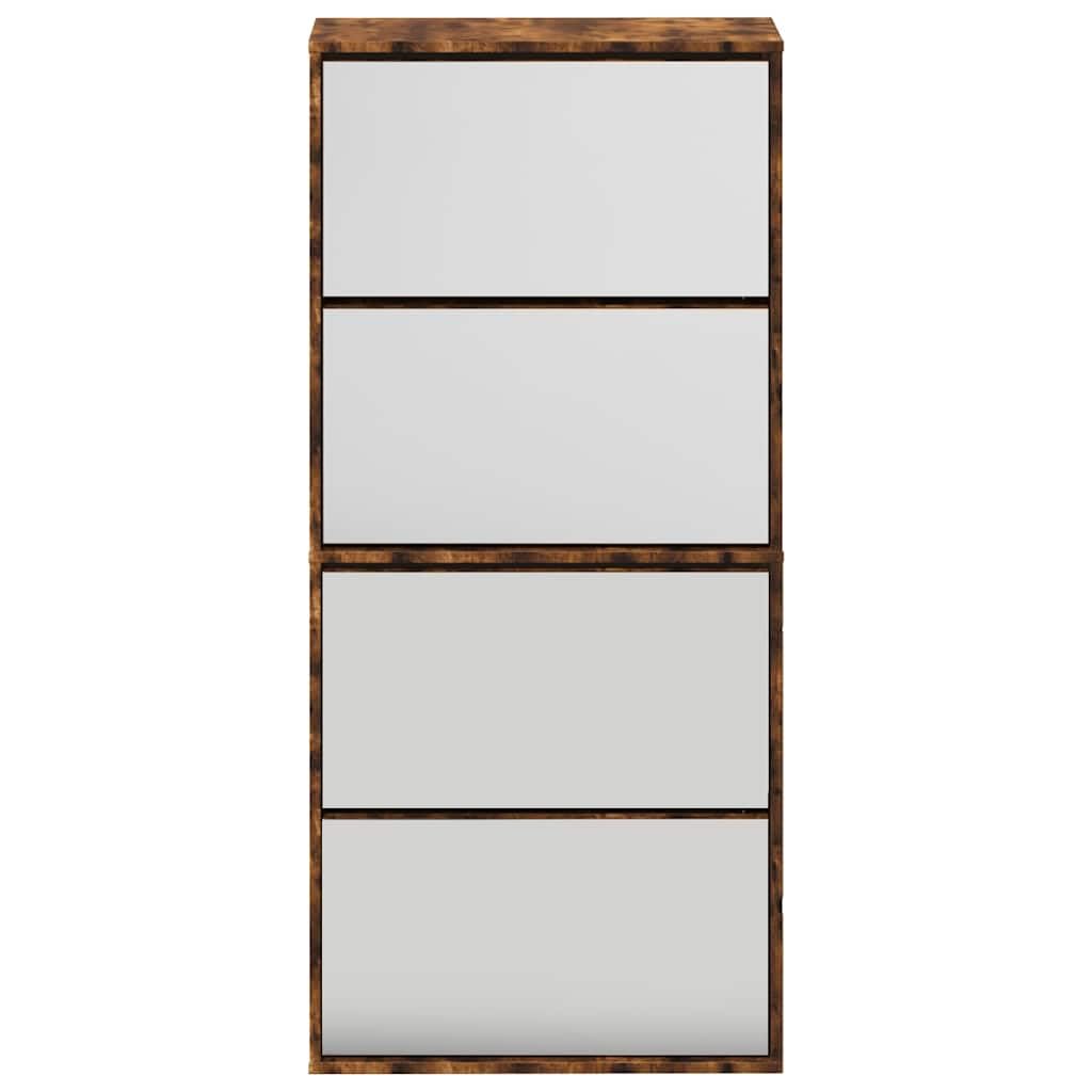 Zapatero con espejo, 4 compartimentos, roble ahumado, moderno zapatero con compartimentos basculantes para pasillo y salón, 63 x 17 x 134 cm, madera estable