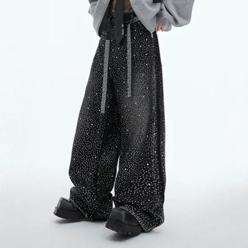 Rhinestone Jeans Men Baggy Y2K Wide Leg Bedazzled Denim Pants Washed Streetwear Bling Bottoms Glitter Sparkly Oversized2