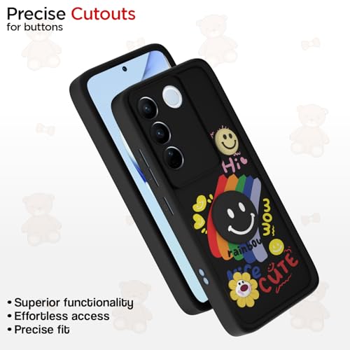 Image of Pikkme Back Cover for Vivo V27 5G / V27 Pro 5G | Soft Silicone| Cute Rainbow Smile & 3D Cartoon Flower Design | Shockproof Raised Camera Protection Bumper Case (Black)