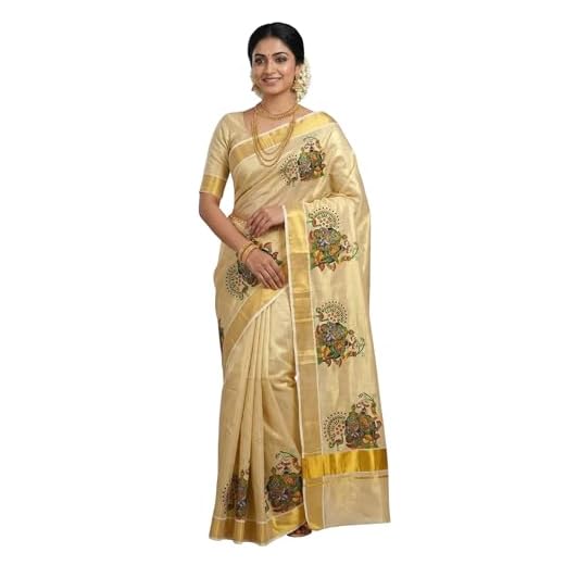 ALLUVY Women's Kuthampully Kerala Kasavu Saree Tissue Mural Hand Printed - Multi Colour EKM-662