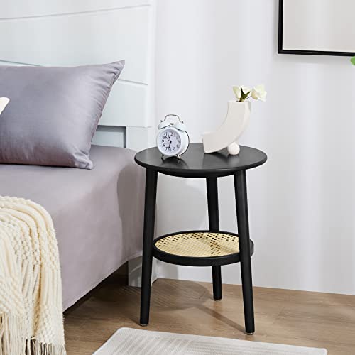 Apicizon Round Side Table Set Of 2 With Storage, Black Rattan Nightstand Bedside Table, Small End Table For Living Room, Bedroom, Small Spaces, Modern Accent Table Easy Assembly, 15 X 19.3 Inches #TOP6