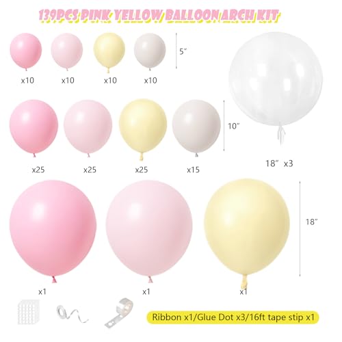 Image of Pink and Yellow Balloon Arch Kit with 3 Bobo Balloons 139 Pcs Pastel Pink Light Yellow Sand White Latex Balloons for Birthday Baby Shower Bridal Shower Wedding Bear Theme Party Decorations for Girl