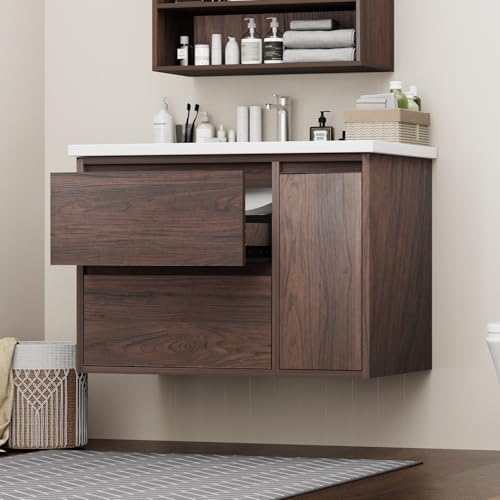 LDarqeer 24/30/36 Inch Floating Bathroom Vanity with Sink - Walnut Premium Bathroom Vanity - Ceramic Sink-Wall Bathroom Vanities, Walnut Finish, 2 Drawers + Independent Storage (Easy to Assemble)