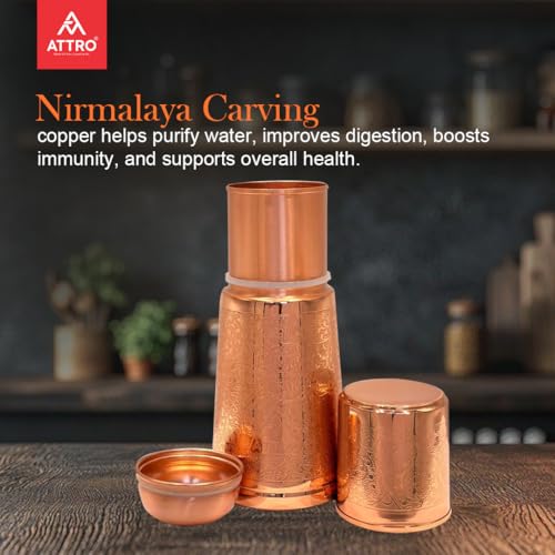 Image of ATTRO Nirmalaya Copper Water Pot - Designer Water Storage & Serving, Ayurvedic Health Benefits, Supports Overall Health & Healthy Skin, 950ml Carving