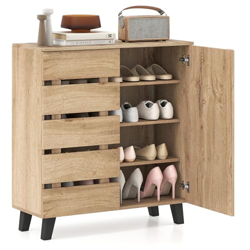 COSTWAY Wooden Shoe Cabinet 4-Tier Farmhouse Shoe Cupboard with Louvered Door and Removable Shelves Freestanding Footwear Rack Shoes Storage Organiser for Hallway Entryway 80x33x88cm Natural