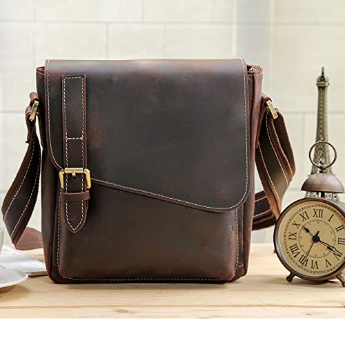 Men's Genuine Leather Messenger Bag Retro Small Crossbody Shoulder Bag For Men Flap Over Man Purse Fits 10 Inch Tablet, Brown #TOP2