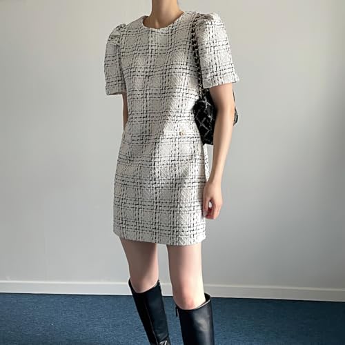 chouyatou Women's Tweed Mini Dress Short Sleeve Crew Neck Work Office Elegant Formal Summer A Line Dresses4