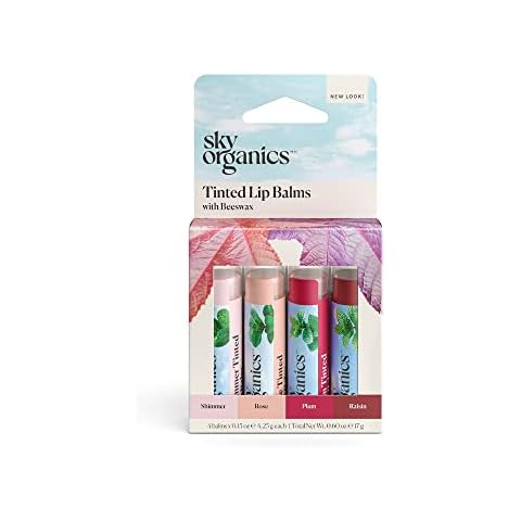 Sky Organics Tinted Lip Balms with Beeswax and a Rich Nourishing Blend of Plant Oils, Moisturizing Lip Balm to Lock In Moisture and Add A Sheer Wash Of Color & Shine , Four Assorted Flavors, 4pk. Cover
