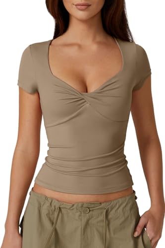 QINSEN Women's Sexy Twist Front V Neck T Shirts Double Lined Short Sleeve Crop Top Trendy Y2K Tops Tee Coffee XS by QINSEN - Used condition - Image 2