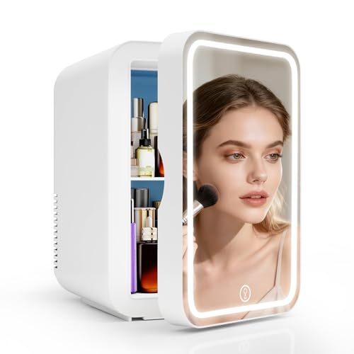YU YUSING Mini Nevera 8 L con Espejo LED, Frigorificos Pequeños Cosmética con Función Frío y Calor, Nevera Pequeña Portatil 12 V/220 V para Habitacion Coche Oficina Dormitorio, Blanco