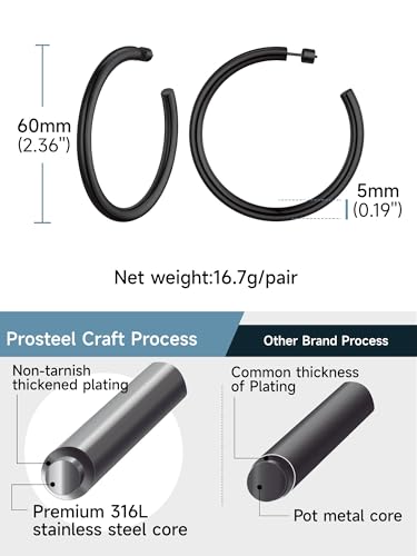 Image of Stainless Steel Chunky Hoop Earrings For Women, Minimalist and Chic, Black /Gold Plated, Round Hoops Earrings Hypoallergenic, Size: 30mm /40mm /60mm /80mm, Come with Box