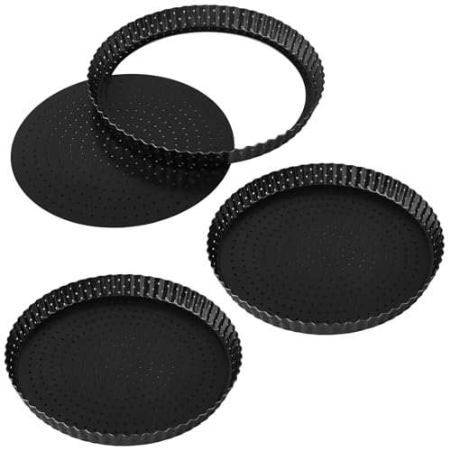 JIAYUET Lot de 3 moules à tarte avec fond amovible, anti-adhésif, diamètre : 26 cm, en acier au carbone perforé, gris foncé, moule à quiche