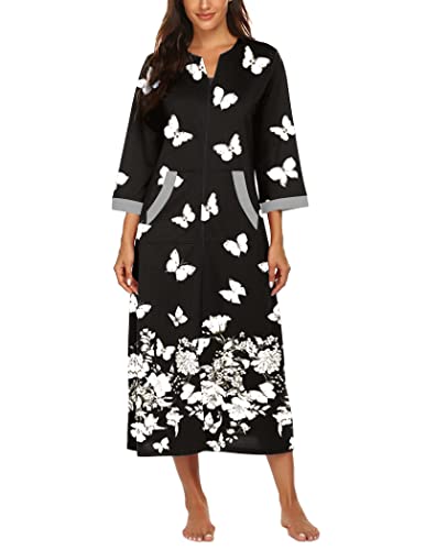 Image of Ekouaer Women Zipper Robe 3 /4 Sleeves Loungewear Dress Full Length Sleepwear Pockets Housecoat Nightgown Long Bathrobe