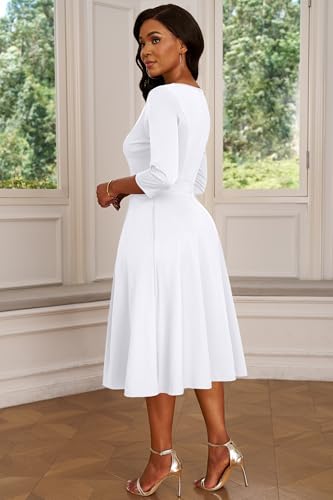 Image of Nmoder Women's A-Line Midi Dress 3 /4 Sleeve V-Neck with Pockets | Midi dress for work, church, flattering high-waist A-line back zipper for easy on /off, side pockets for convenience