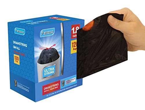 Feisco 1.8 Gallon Black Trash Bag,Small Drawstring Garbage Bag Trash Can Liner,120 Counts,0.51 Mil