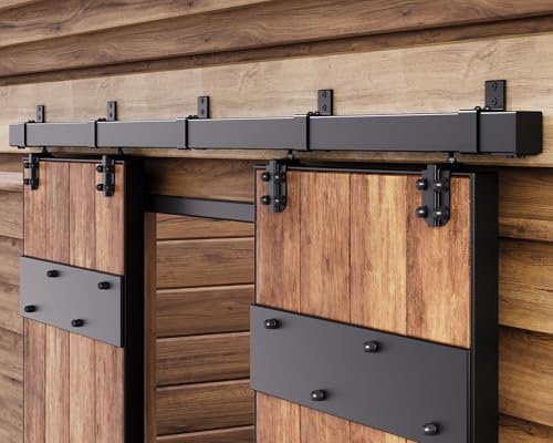 Easelife 12FT Exterior Sliding Barn Door Hardware Kit Box Rail Track 450lb Capacity Black Weather-Resistant Steel Wall Mount System for Outdoor Use Fit Double 36in Door