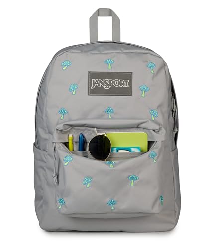 Image of JanSport Superbreak Plus FX Backpack - Work, Travel, or Laptop Bag with Water Bottle Pocket, Superbreak Plus Fx, Embroidered Shrooms Md Grey /E Azul /Bratty