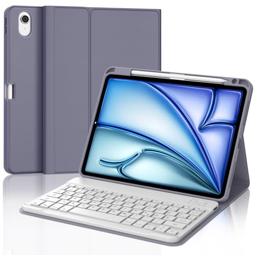 JADEMALL Für iPad Air 11 Zoll Hülle mit Tastatur Kompatibel 2024 M2/2025 M3 (A2902/A2904/A2903/A3266/A3270) – Abnehmbare Bluetooth Tastatur, Stifthalter, Leichtgewicht, QWERTZ-Layout, Lavendelviolett