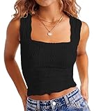 DouBCQ Women Cute Crop Tank Top Square Neck Wide Strap Vest Slim Fit Floral Lettuce...