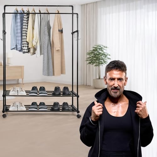 Image of ADA Premium Heavy Duty Dual Layer Metal Garment Rack with 2-Tier Clothes Rail, 10 Side Hooks, Freestanding Cloth Stand for Bedroom & Laundry Room - Black (84 x 30 x 155 cm)