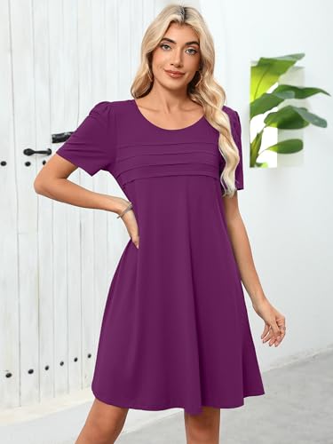 Image of Heymoments Women's Short Sleeve Crewneck Sundress Summer Casual A-Line Beach Dress with Pockets S-2XL
