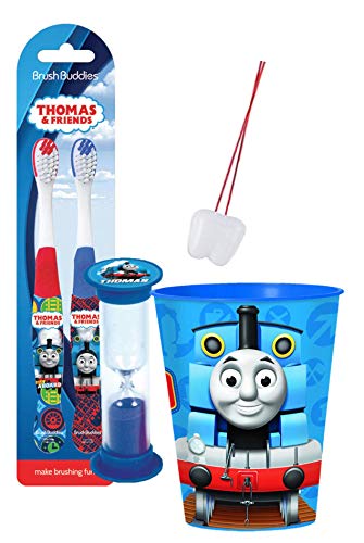 Thomas Inspired 4pc Bright Smile Oral Hygiene Set! Thomas & Friends 2pk Soft Manual Toothbrush, Brushing Timer & Mouthwash Rinse Cup Bundle! Plus Tooth Necklace