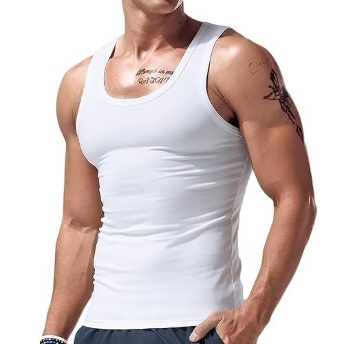 Maykafay Canotte atletiche da Uomo, Senza Maniche Gilet, Allenamento Bodybuilding Canottiere, Sudore Camicie da Palestra T-Shirt Runnig Sportiva Fitness, Bianco, XL