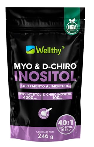 Wellthy Myo & D-Chiro Inositol en Polvo 246g. Mezcla Óptima 40:1, 4000mg Myo Inositol y 100mg D-Chiro Inositol Español, Ingredientes 100% Naturales, Gluten...