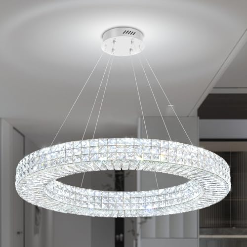 ykolupty Dia 32" Ring Crystal Chandelier Modern Silver Ring Chandelier Adjustable Height Luxury Crystal Pendant Ceiling Light Fixture for Dining Living Room Bedroom