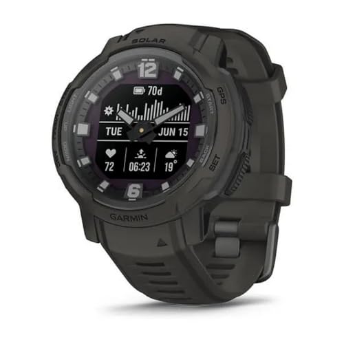 Garmin Instinct Crossover Solar, Hybrid-Smartwatch, 45 mm, Solar-Ladeger&auml;t, Rugged Design und Super-Luminova-Zeigern, 70 Tage Laufzeit, +30 Sport, GPS, Cardio, SpO2, Activity Tracker (Graphite)