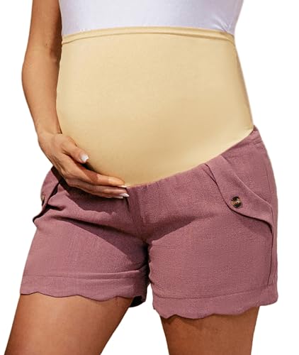 Maacie Pantalones Cortos Premamá De Talle Alto De Lino Para Trabajo Con Bolsillos, Lino púrpura, XXL