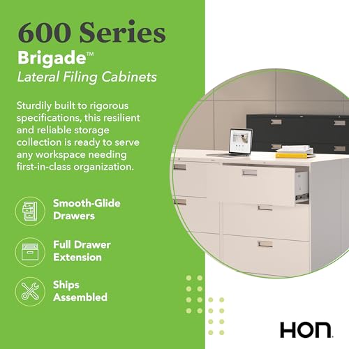 Image of HON 4 Drawer Lateral File Cabinet with Lock, Metal Filing Cabinets for Offices, Adjustable Hangrails for A4, Legal, Letter Files, 18 inch Deep, Light Gray