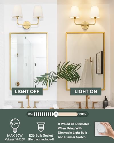 Image of 2 Light Bathroom Vanity Light, Brushed Gold Double Wall Sconce with Flared White Fabric Shade, Modern Sconces Wall Lighting for Hallway Bedroom Stairway, VL837-BG