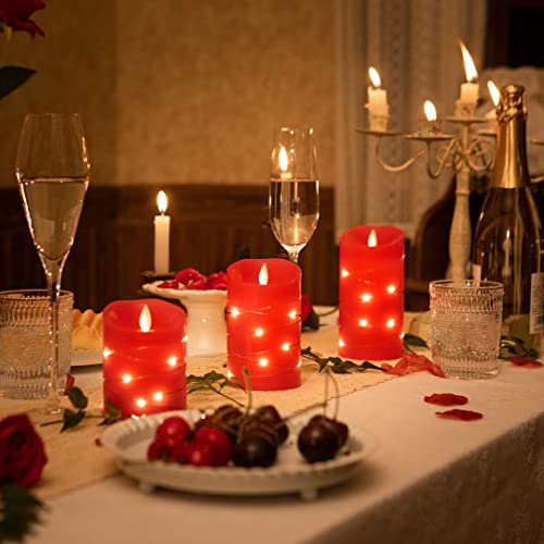 Mozeal Led Flameless Flickering Battery Operated Candles With 11-Key Remote Control,Real Wax Pillar Electric Candles With Timer,Tiered Tray/Home/Living Room/Christmas/Bathroom Decor,Set Of 3,Red #TOP1