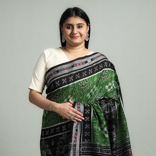 Image of Ikat Women's Pure Cotton Saree Traditional Craftsmanship Double Ikat Weaving Floral Handmade Ethnic Saree without Blouse Piece