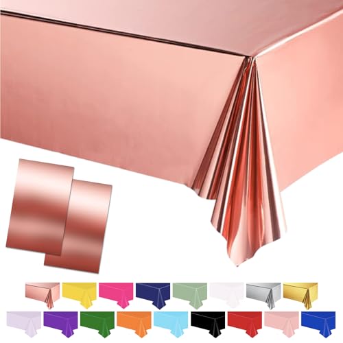 POPOYU 2Pcs Nappe Or Rose Plastique, 54x108 Pouces Rectangulaire, Imperméable pour Table Fête, Protection Noël, Picnic, Anniversaire, Jardin, Mariage,...