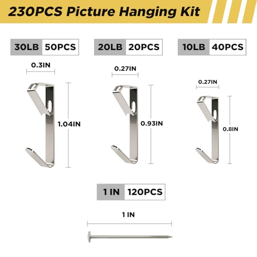 Image of Picture Hanging Hooks 230 Pieces,10lb, 20lb, and 30lb Picture Hangers | Nails Hanging Kit, Metal Picture Hangers for Drywall Wooden Wall,Silver