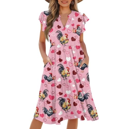 Image of Women's Casual Ruffle Sleeve Dress V Neck Pullover Dress Flowy A-Line Pleated Lightweight Dress with Pockets