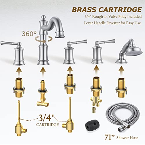 Winkear Roman Tub Faucet Set With Handheld Shower 5 Hole Deck Mount Tub Filler With Diverter, 3 Lever Handle Rough-In Valve And Water Supply Lines Included For Bathroom Tub, Brushed Nickel #TOP3