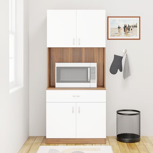 Image of VIKI Furniture | Kitchen Cabinet - Drawer with Doors & Open Shelves, Organizer for Kitchen, Bedroom, Hallway & Living Room (Brussel Walnut & Frosty White - 40D x 80W x 180H cm) | 1 Year Warranty