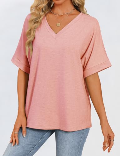 GKBK Womens Oversized T Shirts V Neck Loose Fit Shirts Short Sleeve Summer Casual Tops 2025 Trendy Blouses Y2K Plain Tees Pink XL — view 2