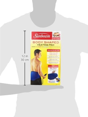 Packaging of Sunbeam Body Shaped Heating Pad showing dimensions and features