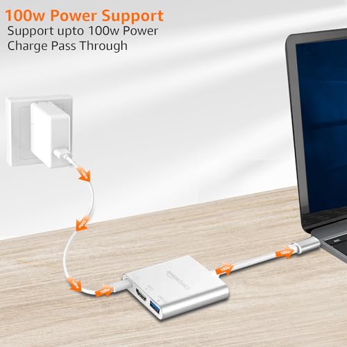 Image of Amazon Basics 3-in-1 USB Type C to HDMI Adapter 4K@30Hz, 100W PD Fast Charging Port, USB A 3.0 @5Gbps Speed, MultiPort HUB for MacBook Pro Air, Windows, Laptop, Tablet, Smartphone & All Type C Devices