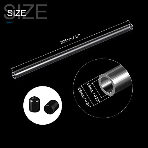 Image of PATIKIL Clear Rigid Tube Round Plastic Tubing with Black Rubber Caps Polycarbonate Water Pipe, 305mm / 12 Inch Length, 6mmx8mm /0.23 inchx0.31 inch, 1 Set