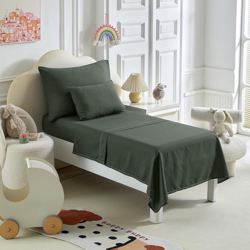 Image of Kids Comforter Sheet Set - Soft and Breathable Bed Set Includes Quilted Comforter, Fitted Sheet, Flat Top Sheet, Pillowcase and Toddler Pillowcase for Toddler - 5 Pieces Toddler Bedding Dark Green