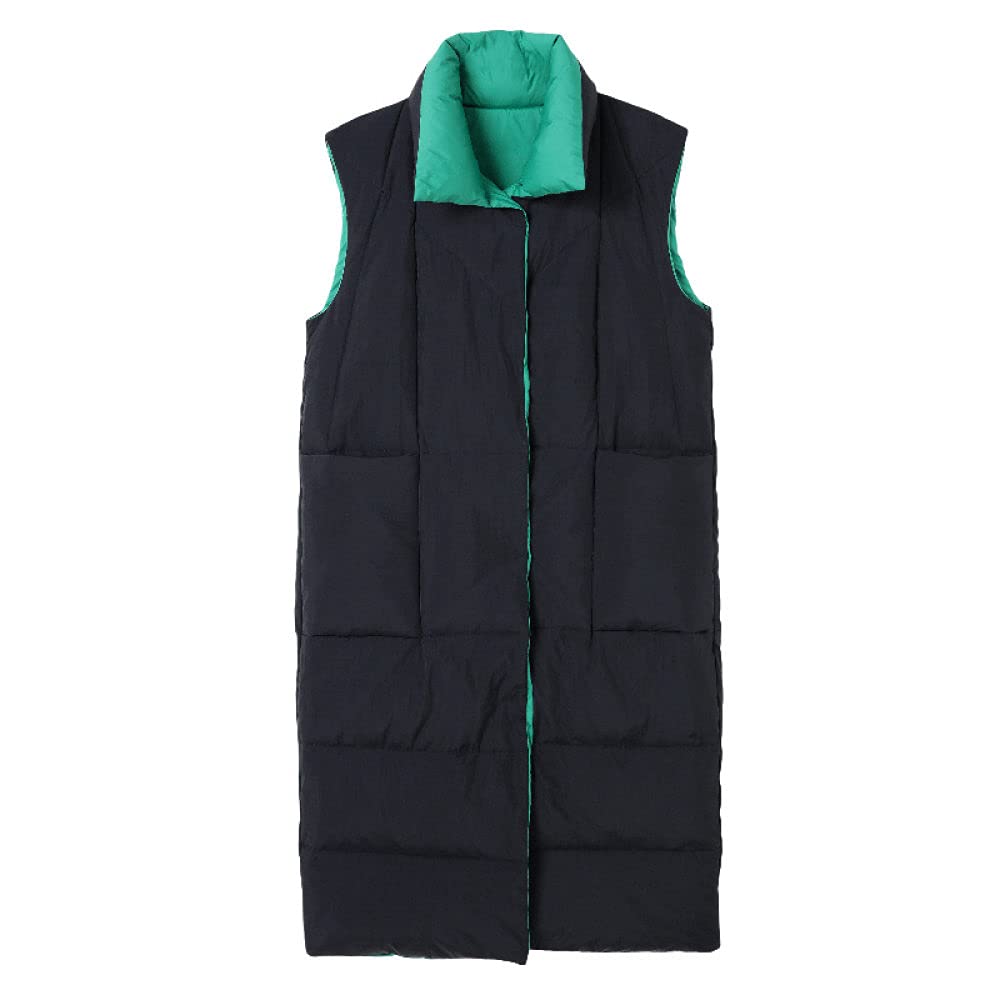Longweste Damen,Lange Daunenweste Damen Daunenweste Mit Revers, Schwarz&Grün Wende Ärmelloser Daunenmantel Leichte Elegante Übergangsweste Steppweste Für Damen Mädchen Im Freien