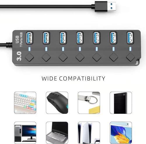 Image of BERLAT USB 3.0 Hub 7-Port Data Hub Splitter with 4ft Long Cable, Individual LED On /Off Switches, Compatible with Laptop, PC, Surface Pro, PS4, PS5, Flash Drive, Mobile HDD