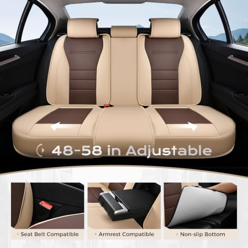 Image of Coverado Car Seat Covers Full Set, Nappa Leather Seat Covers for Cars, Car Seat Protector Car Seat Cushion, Front and Back Seat Protectors Cushions Universal Fit for Most Cars Vehicles(Beige&Coffee)